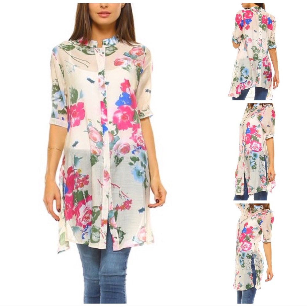 Ivory & pink sheer floral button up tunic